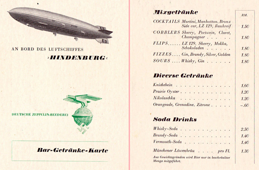 Bar-Getränke-Karte der Hindenburg, 1937 Bar-Getränke-Karte der Hindenburg, 1937