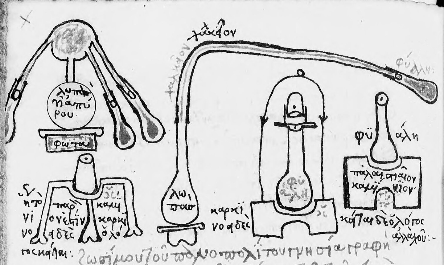Zeichnungen von Destillationsgeräten bei Zosimos, Par. Grec. 2327 Zeichnungen von Destillationsgeräten bei Zosimos, Par. Grec. 2327